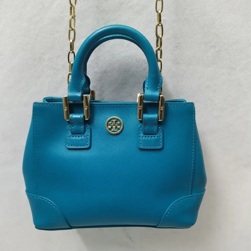 Tory Burch Robinson Blue Leather Doubled Handles Mini Tote Crossbody Bag